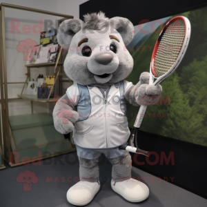 Gray Tennis Racket mascot costume character dressed with a Vest and Lapel pins