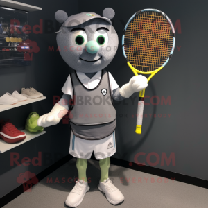 Gray Tennis Racket mascot costume character dressed with a Vest and Lapel pins