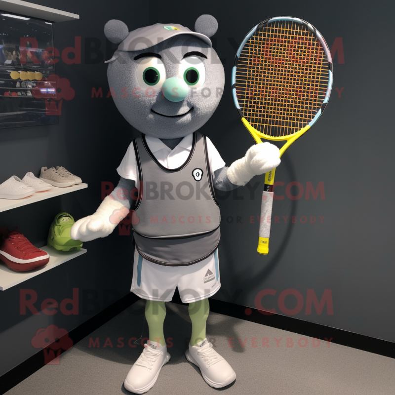 Gray Tennis Racket mascot costume character dressed with a Vest and Lapel pins Gray Tennis Racket mascot costume character dressed with a Vest and Lapel pins