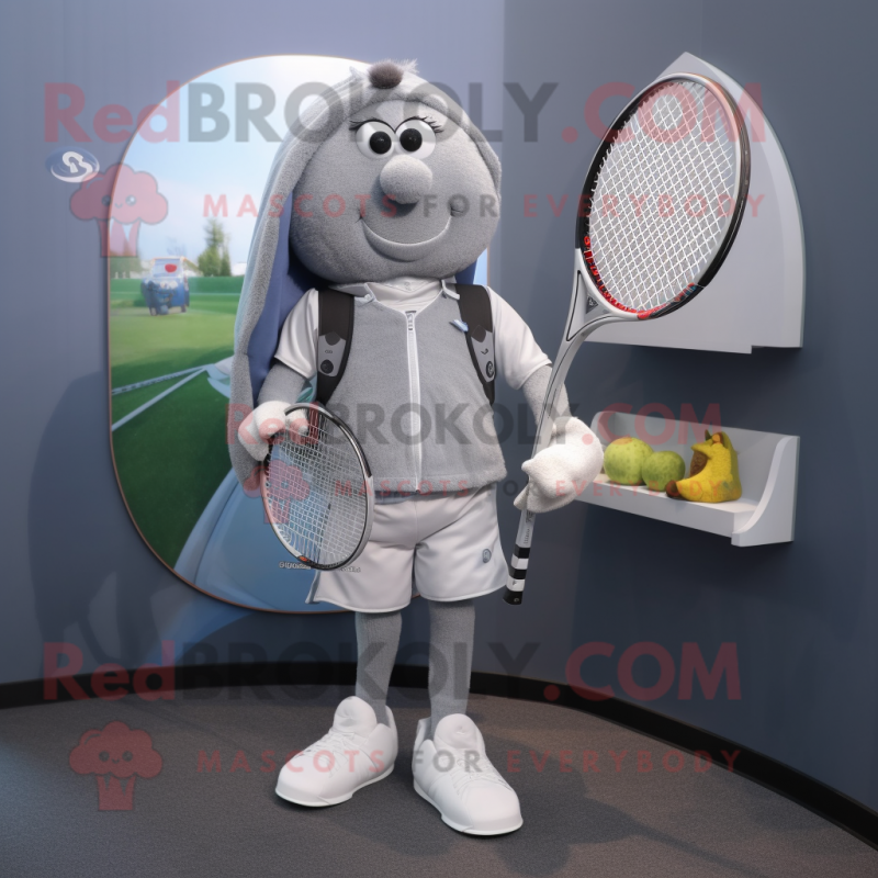 Gray Tennis Racket mascot costume character dressed with a Vest and Lapel pins Gray Tennis Racket mascot costume character dressed with a Vest and Lapel pins