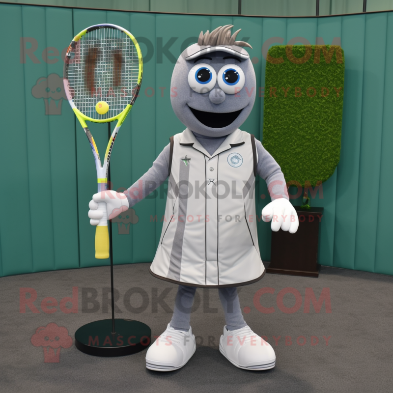 Gray Tennis Racket mascot costume character dressed with a Vest and Lapel pins