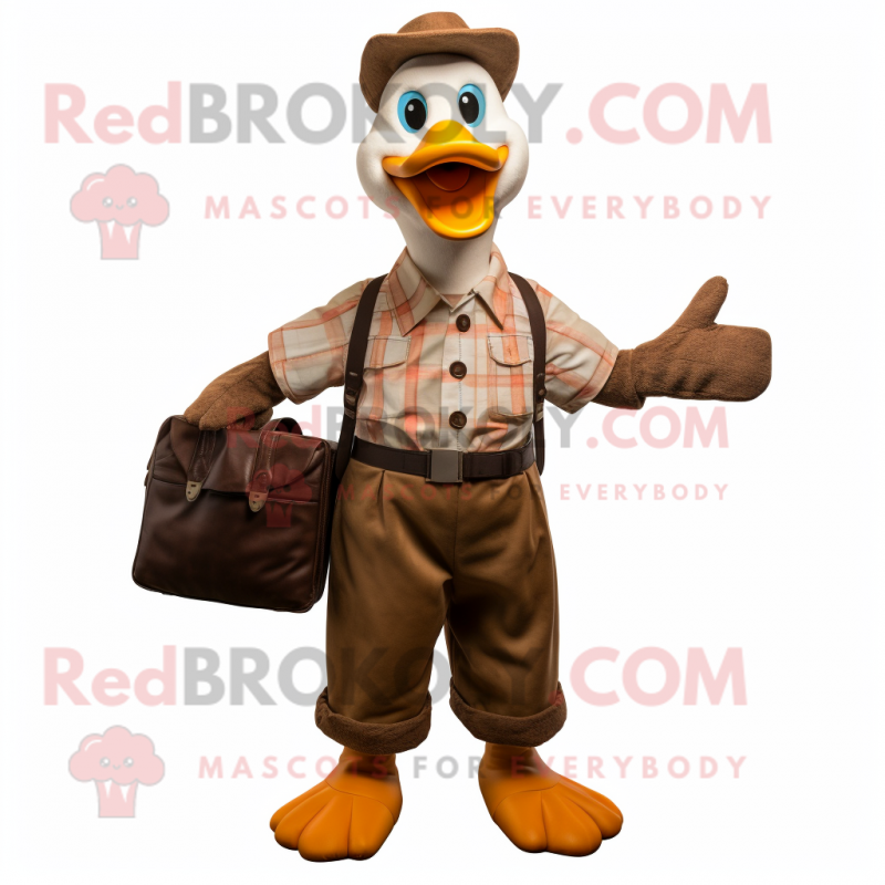 Rust Geese mascot costume character dressed with a Dungarees and Briefcases Rust Geese mascot costume character dressed with a Dungarees and Briefcases
