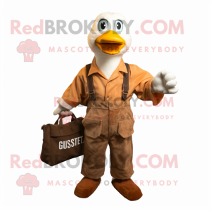 Rust Geese mascot costume character dressed with a Dungarees and Briefcases