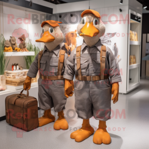 Rust Geese mascot costume character dressed with a Dungarees and Briefcases