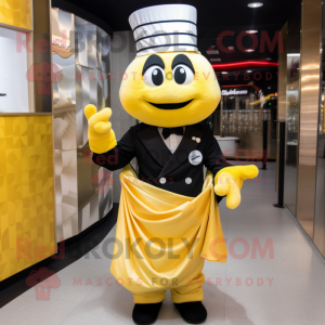 Yellow Ramen mascot costume character dressed with a Tuxedo and Gloves