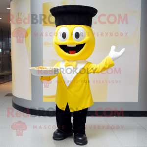 Yellow Ramen mascot costume character dressed with a Tuxedo and Gloves