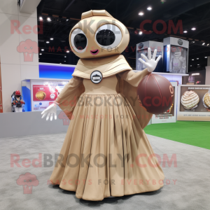 Tan American Football Helmet mascot costume character dressed with a Ball Gown and Shawls