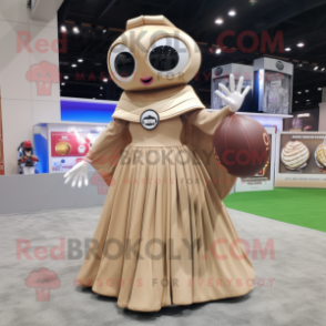 Tan American Football Helmet mascot costume character dressed with a Ball Gown and Shawls