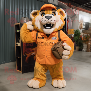 Orange Saber-Toothed Tiger mascot costume character dressed with a Cargo Pants and Gloves