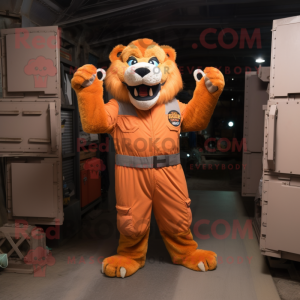 Orange Saber-Toothed Tiger mascot costume character dressed with a Cargo Pants and Gloves