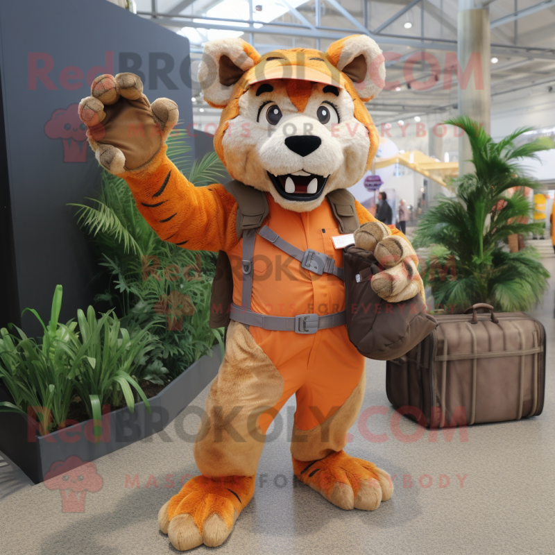Orange Saber-Toothed Tiger mascot costume character dressed with a Cargo Pants and Gloves