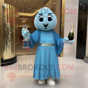 Sky Blue Champagne mascot costume character dressed with a Empire Waist Dress and Earrings