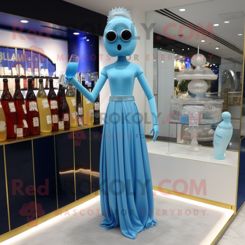 Sky Blue Champagne mascot costume character dressed with a Empire Waist Dress and Earrings