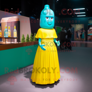 Cyan Bottle Of Mustard mascot costume character dressed with a Empire Waist Dress and Anklets