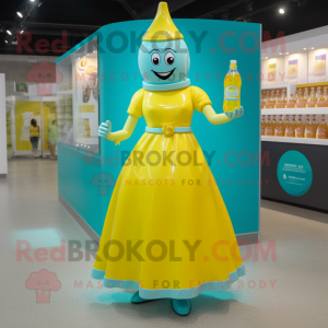 Cyan Bottle Of Mustard mascot costume character dressed with a Empire Waist Dress and Anklets