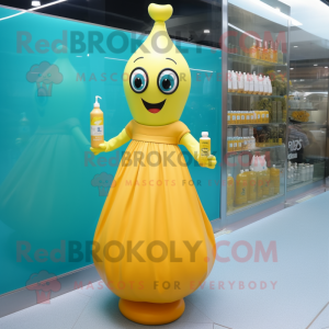 Cyan Bottle Of Mustard mascot costume character dressed with a Empire Waist Dress and Anklets