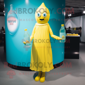 Cyan Bottle Of Mustard mascot costume character dressed with a Empire Waist Dress and Anklets