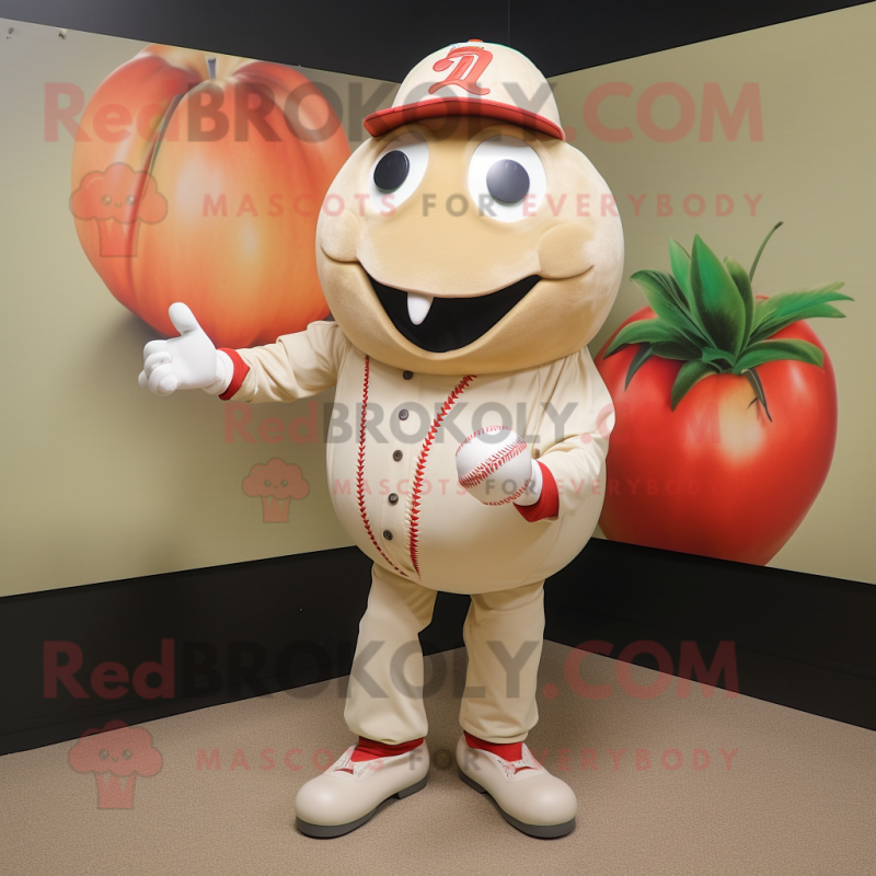 Beige Tomato mascot costume character dressed with a Baseball Tee and Bracelet watches