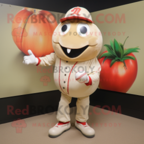 Beige Tomato mascot costume character dressed with a Baseball Tee and Bracelet watches