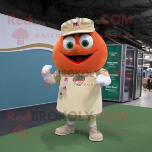 Beige Tomato mascot costume character dressed with a Baseball Tee and Bracelet watches