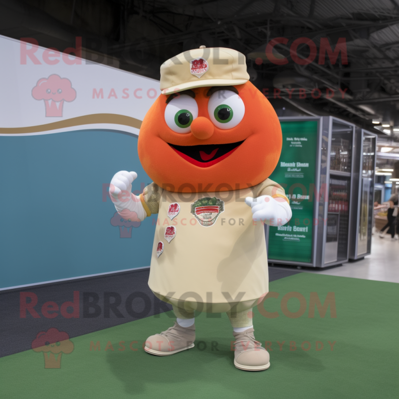 Beige Tomato mascot costume character dressed with a Baseball Tee and Bracelet watches