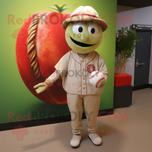 Beige Tomato mascot costume character dressed with a Baseball Tee and Bracelet watches