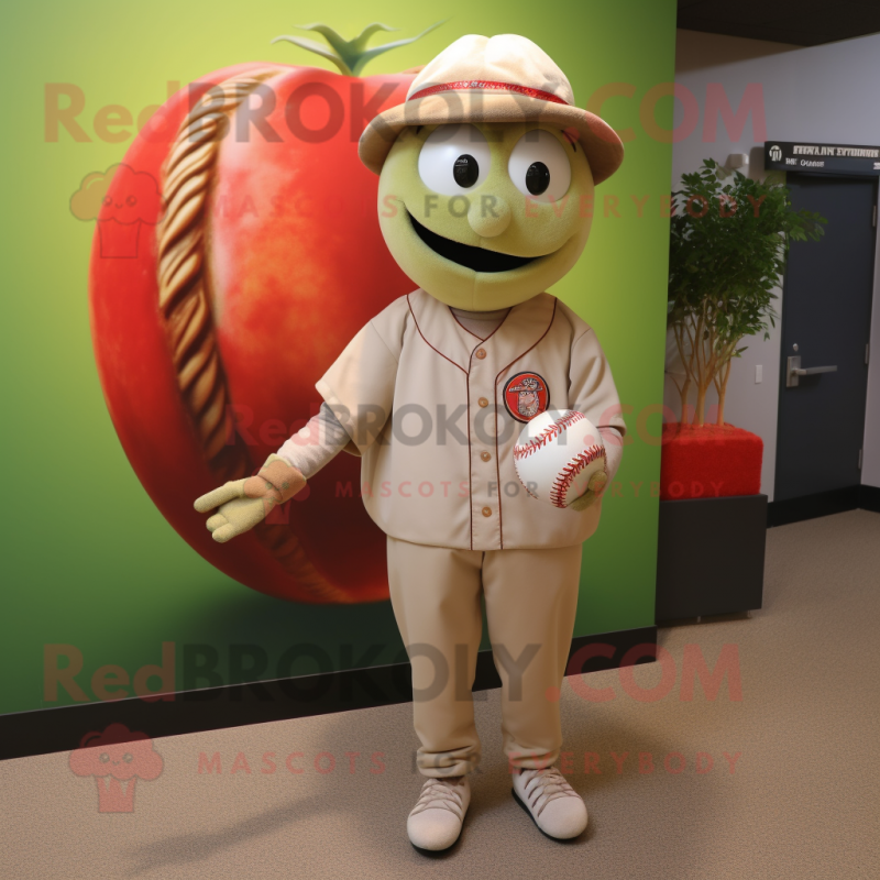 Beige Tomato mascot costume character dressed with a Baseball Tee and Bracelet watches Beige Tomato mascot costume character dressed with a Baseball Tee and Bracelet watches