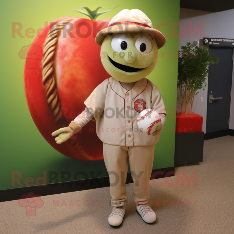 Beige Tomato mascot costume character dressed with a Baseball Tee and Bracelet watches