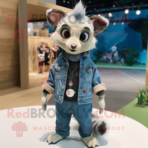 Cream Civet mascot costume character dressed with a Denim Shorts and Hairpins