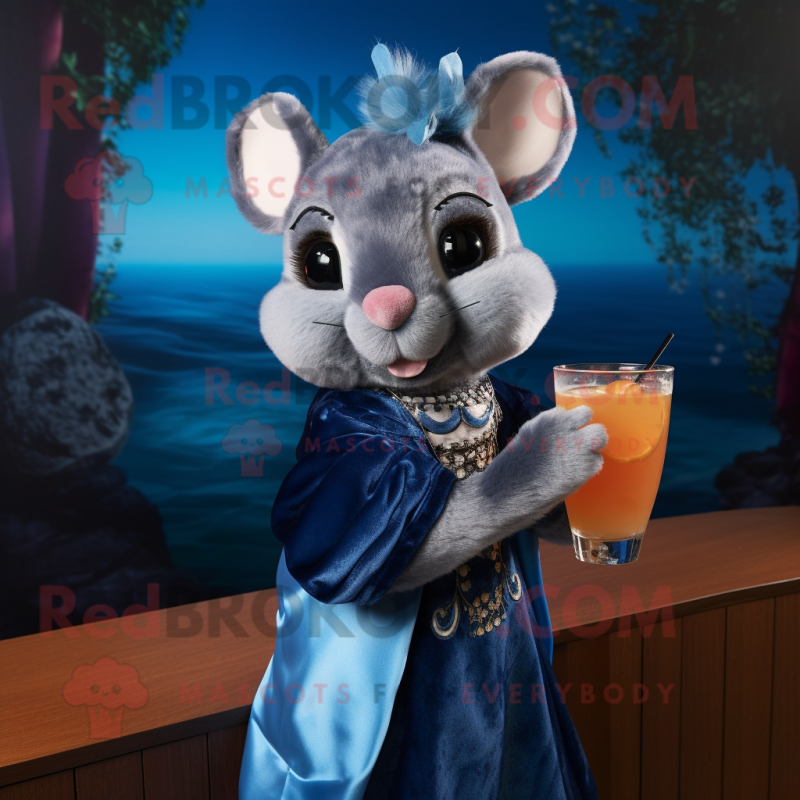 Navy Flying Squirrel mascot costume character dressed with a Cocktail Dress and Scarves Navy Flying Squirrel mascot costume character dressed with a Cocktail Dress and Scarves