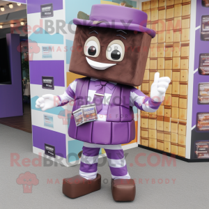 Purple Chocolate Bars mascot costume character dressed with a Chinos and Shoe clips