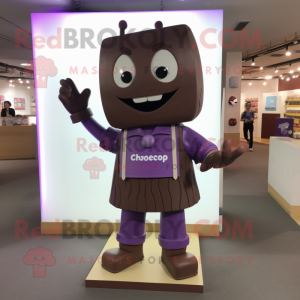 Purple Chocolate Bars mascot costume character dressed with a Chinos and Shoe clips