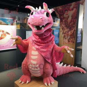 Pink Dragon mascot costume character dressed with a Blouse and Shawls