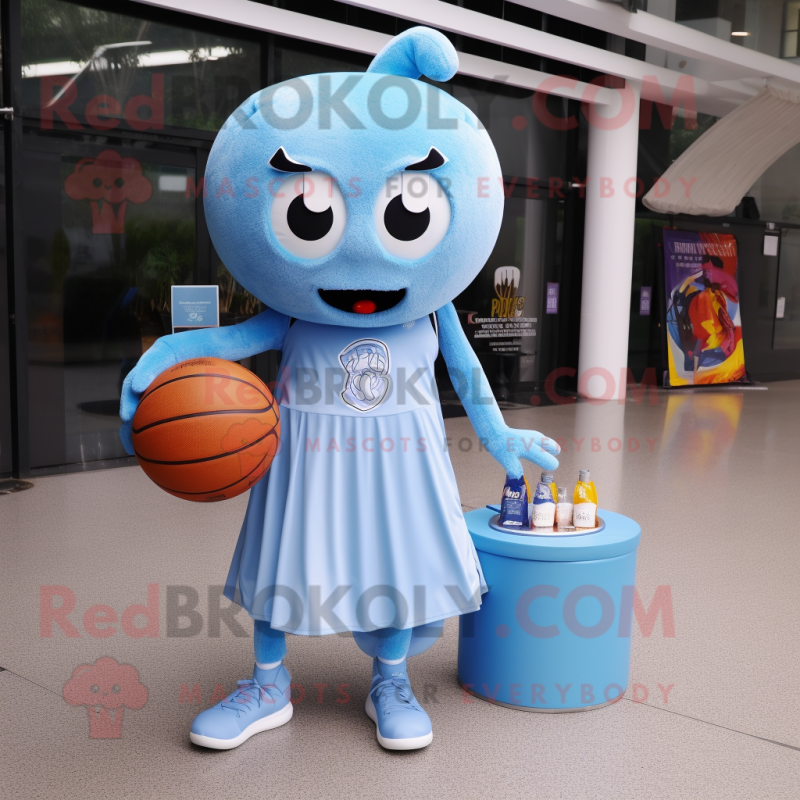 Sky Blue Basketball Ball mascot costume character dressed with a Midi Dress and Coin purses Sky Blue Basketball Ball mascot costume character dressed with a Midi Dress and Coin purses