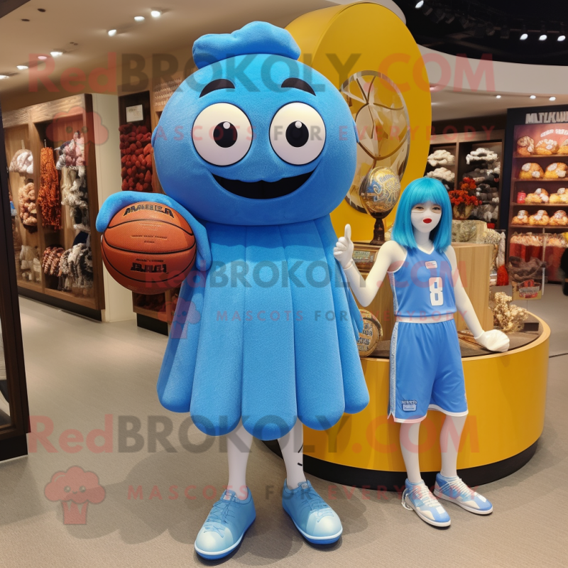 Sky Blue Basketball Ball mascot costume character dressed with a Midi Dress and Coin purses Sky Blue Basketball Ball mascot costume character dressed with a Midi Dress and Coin purses