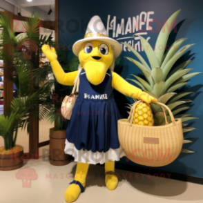 Navy Banana mascot costume character dressed with a Empire Waist Dress and Tote bags