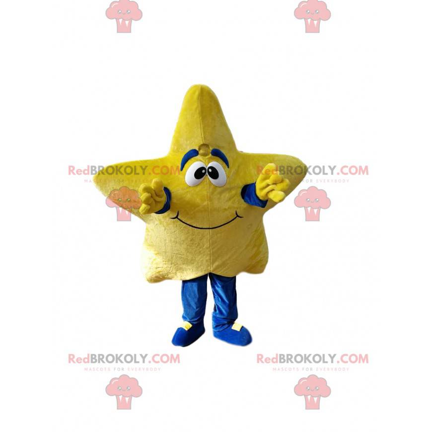 Sorridente mascote estrela amarela. Fantasia de estrela -