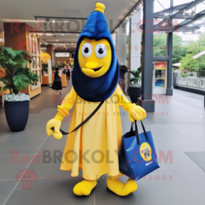 Navy Banana mascot costume character dressed with a Empire Waist Dress and Tote bags