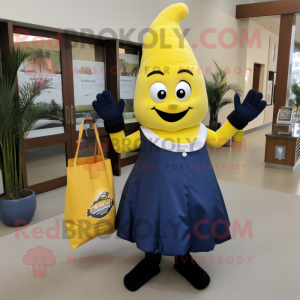 Navy Banana mascot costume character dressed with a Empire Waist Dress and Tote bags