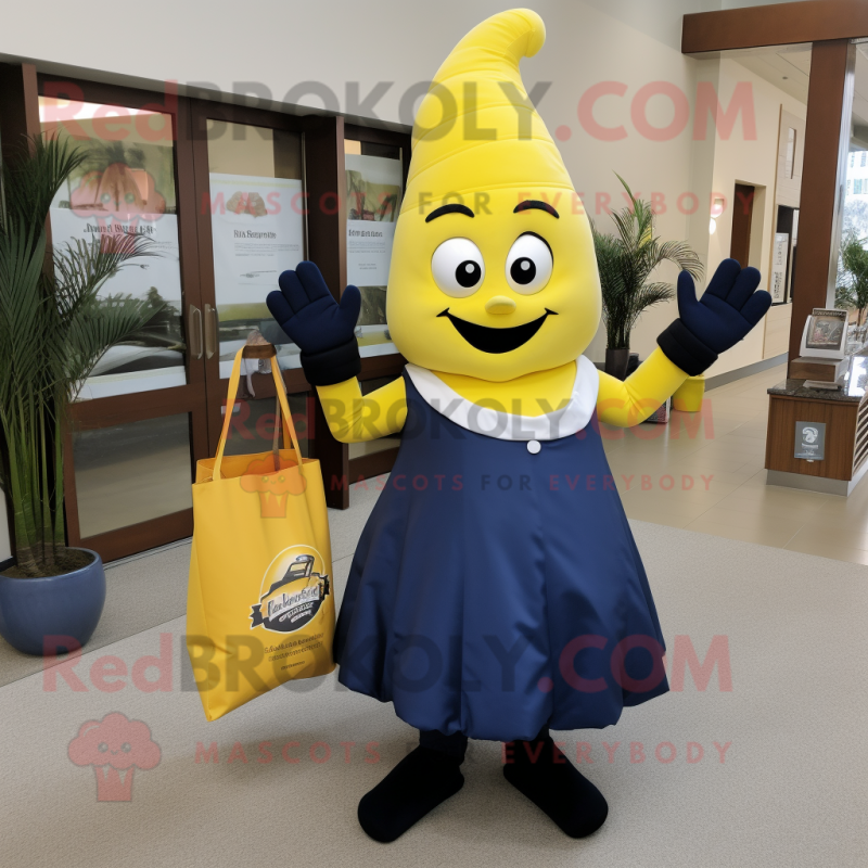 Navy Banana mascot costume character dressed with a Empire Waist Dress and Tote bags Navy Banana mascot costume character dressed with a Empire Waist Dress and Tote bags