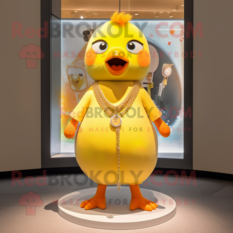 Peach Canary mascot costume character dressed with a Graphic Tee and Necklaces