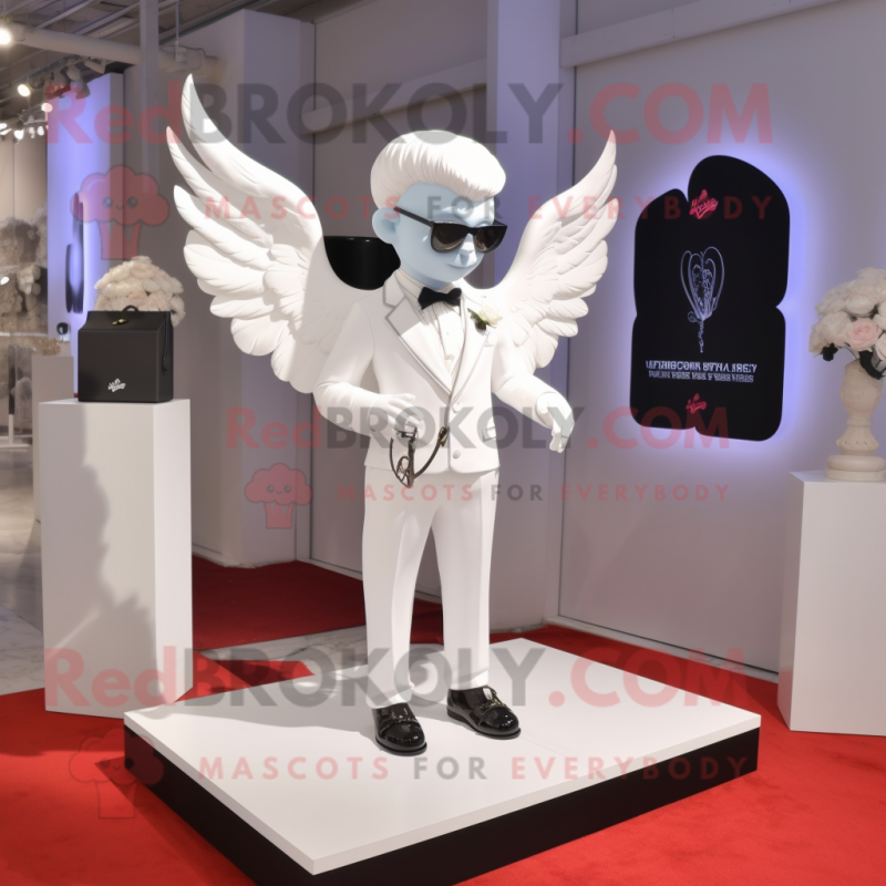 White Cupid mascot costume character dressed with a Tuxedo and Cufflinks White Cupid mascot costume character dressed with a Tuxedo and Cufflinks