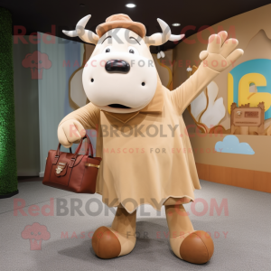 Beige Hereford Cow mascot costume character dressed with a Long Sleeve Tee and Handbags