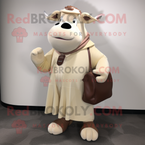 Beige Hereford Cow mascot costume character dressed with a Long Sleeve Tee and Handbags