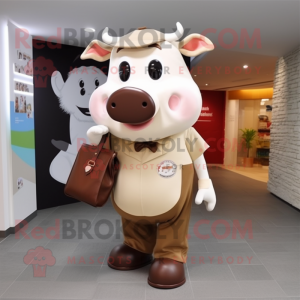 Beige Hereford Cow mascot costume character dressed with a Long Sleeve Tee and Handbags