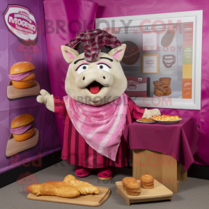 Magenta Pulled Pork Sandwich mascot costume character dressed with a Oxford Shirt and Shawls