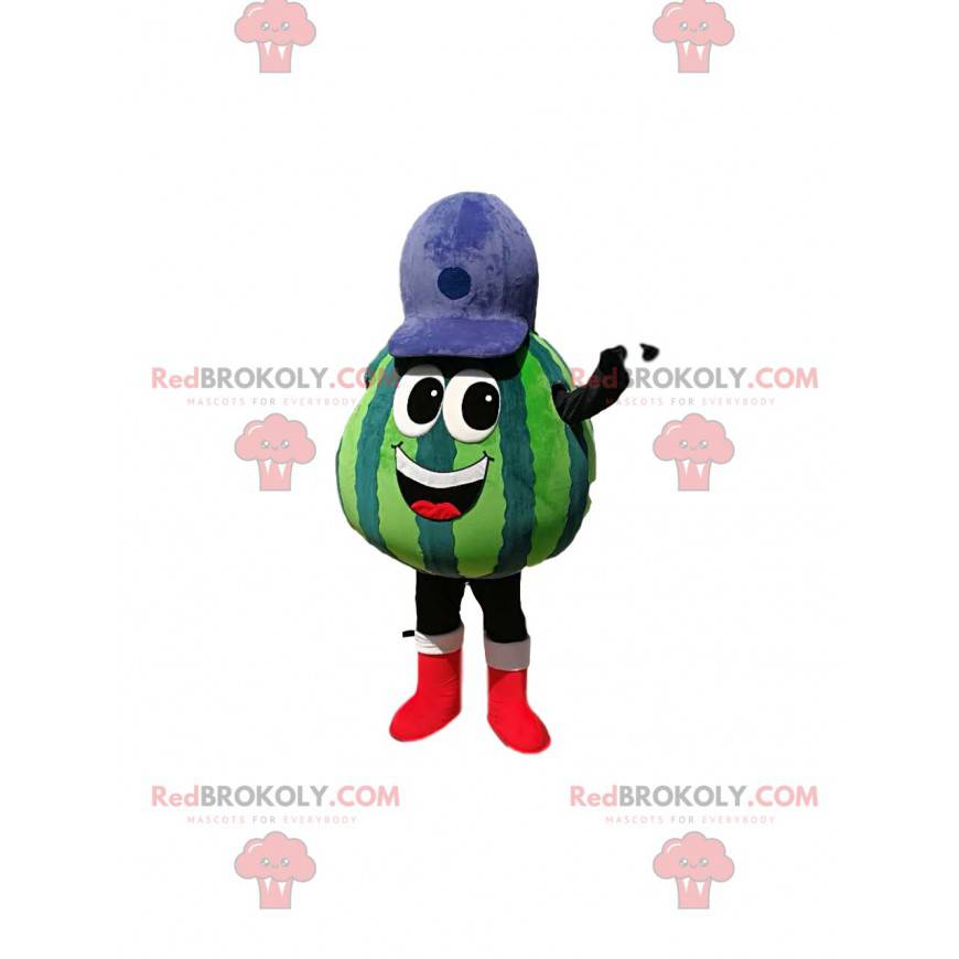 Watermeloen mascotte met een blauwe dop - Redbrokoly.com