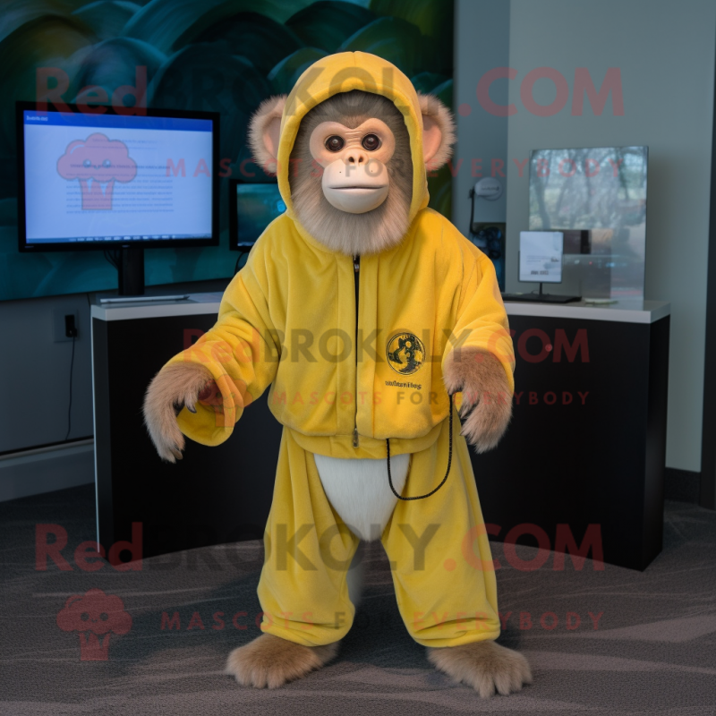 Lemon Yellow Capuchin Monkey mascot costume character dressed with a Cover-up and Keychains Lemon Yellow Capuchin Monkey mascot costume character dressed with a Cover-up and Keychains