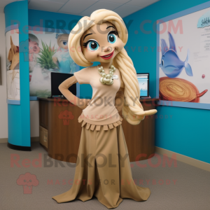 Tan Mermaid mascot costume character dressed with a Pencil Skirt and Scarf clips