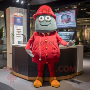 Red Ray mascot costume character dressed with a Cardigan and Berets